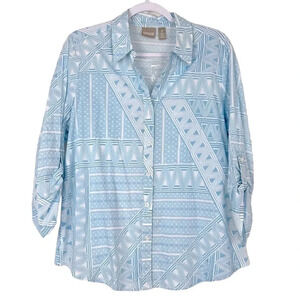 Chico’s NWOT Geo Blues Sabina‎ Roll Up Sleeve Pattern Button Top